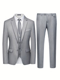 3-Piece Classic Solid Dress Suit Set - Single-Breasted Jacket, Vest, and Trousers - Formal Attire for Men, Perfect for Weddings, Job Interviews, and Business Meetings