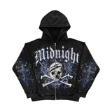 Ilooove American Y2K Motorcycle Style Winter Letter Skull Print Zipper Hoodie Long Sleeve Sweater