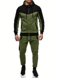 Mens Color Block 2 Piece Outfits, Hooded Zip Breathable Casual Jacket And Casual Drawstring Sweatpants Set For Spring Autumn, Men's Clothing