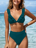 Chic V-Neck Bikini Set for Women: High Waist, High-Cut, with Lettuce Trim - Easy-Care, Comfort Stretch Swimwear