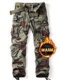 Men's Camo Cargo Pants Cotton Regular Fit with Pockets, Mid Waist Zipper Fly Casual Overalls for Fall/Winter - Woven, Non-Stretch Fabric with Warm Fleece Lining, Perfect for Outdoor Weekend Activities