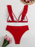 Chic V-Neck Bikini Set for Women: High Waist, High-Cut, with Lettuce Trim - Easy-Care, Comfort Stretch Swimwear