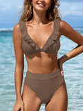 Chic V-Neck Bikini Set for Women: High Waist, High-Cut, with Lettuce Trim - Easy-Care, Comfort Stretch Swimwear