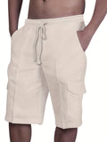 Durable Casual Men's Drawstring Cargo Shorts - Mid-Waist Solid Color with Flap Pockets for Spring/Fall