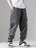 Men's Casual Solid Cargo Pants With Pockets, Elastic Waistband And Cuff Loose Trousers, Streetwear Style Durable Fabric Sports Pants