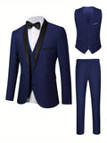 3-Piece Men's Formal Dress Outfit Set - Long Sleeve One Button Shawl Collar Jacket with Pockets, Slim Fit Pants, Perfect for Wedding Banquet and Formal Events