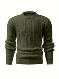 Men's Stylish Solid Color Cable Knit Sweater - High Stretch, Round Neck Pullover for All Seasons