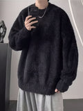 Plus Size Men's Fuzzy Crew Neck Sweater - Autumn-Winter Loose-Fit Pullover with Warm, Comfortable, and Soft Knitwear for Casual Wear