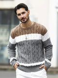 Long Sleeve Men's Crew Neck Pullover Sweater in Color Block Design for Fall/Winter