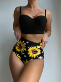 Sun Flower Print Black High Waisted 2 Piece Set Bikini, Spaghetti Strap Stretchy Stylish Swimsuits, Women's Swimwear & Clothing