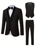 3-Piece Men's Formal Dress Outfit Set - Long Sleeve One Button Shawl Collar Jacket with Pockets, Slim Fit Pants, Perfect for Wedding Banquet and Formal Events