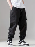 Men's Casual Solid Cargo Pants With Pockets, Elastic Waistband And Cuff Loose Trousers, Streetwear Style Durable Fabric Sports Pants