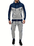 Mens Color Block 2 Piece Outfits, Hooded Zip Breathable Casual Jacket And Casual Drawstring Sweatpants Set For Spring Autumn, Men's Clothing