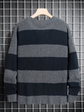 Men's Trendy Striped Knit Pullover: Warm, Cozy Crew Neck Sweater in Comfort-Fit Polyester - Easy Care