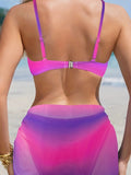 3 Piece Ombre Sexy V-Neck High Cut Bikini Set - Stretchy Polyester Swimsuit with Spaghetti Straps, Random Print, and Matching Cover Up Skirt - Hand Wash Only, Quick Drying, High Stretch, and Elastane Lining for Comfortable Fi