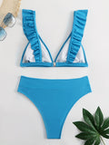 Chic V-Neck Bikini Set for Women: High Waist, High-Cut, with Lettuce Trim - Easy-Care, Comfort Stretch Swimwear