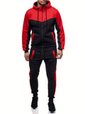 Mens Color Block 2 Piece Outfits, Hooded Zip Breathable Casual Jacket And Casual Drawstring Sweatpants Set For Spring Autumn, Men's Clothing