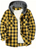 Men's Casual Hooded Plaid Shirt, Long Sleeve Button Up Clothing, Fashion Outerwear