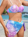 3 Piece Ombre Sexy V-Neck High Cut Bikini Set - Stretchy Polyester Swimsuit with Spaghetti Straps, Random Print, and Matching Cover Up Skirt - Hand Wash Only, Quick Drying, High Stretch, and Elastane Lining for Comfortable Fi