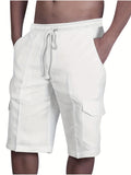 Durable Casual Men's Drawstring Cargo Shorts - Mid-Waist Solid Color with Flap Pockets for Spring/Fall