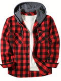 Men's Casual Hooded Plaid Shirt, Long Sleeve Button Up Clothing, Fashion Outerwear