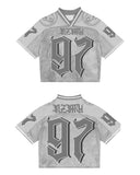 Ilooove American Gothic Rock Letters Oversized T-Shirt Men's Y2K Street Hip-Hop Harajuku Loose V-Neck Baseball Uniform Women's Top