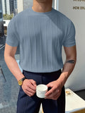 Short Sleeve Solid Crew Neck Knitted Sweater For Men, Casual Summer T-Shirt For Daily Wear And Vacation Resorts