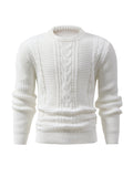 Men's Stylish Solid Color Cable Knit Sweater - High Stretch, Round Neck Pullover for All Seasons