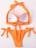 2 Piece Solid Color Tie Side Ruched V-Neck Bikini Set - Stretchy High Waist Halter Push Up with Lace Up Detail, Bowknot Accent, Hand Wash Only, Customized Fit for Koningsdag/Kings Day, Womens Swimwear & Casual Beachwear