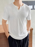 Mens Fashion-forward V-neck Short Sleeve T-shirt - Comfortable Knit Solid & Stripe Blend - Perfect Summer Leisurewear for Trendsetters