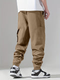 Men's Casual Solid Cargo Pants With Pockets, Elastic Waistband And Cuff Loose Trousers, Streetwear Style Durable Fabric Sports Pants