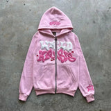 Ilooove Men and Women Zippered Pink Foam Hooded, Harajuku Casual Clothing, European and American Classic, Loose, Y2K