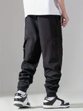 Men's Casual Solid Cargo Pants With Pockets, Elastic Waistband And Cuff Loose Trousers, Streetwear Style Durable Fabric Sports Pants