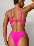 2-Piece Solid Color V-Neck High Cut Bikini Swimsuit Set, Back Buckle, Women's Swimwear & Clothing