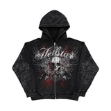 Ilooove American Y2K Motorcycle Style Winter Letter Skull Print Zipper Hoodie Long Sleeve Sweater