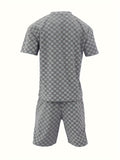 2-Piece Relaxed Fit Summer Outfit Set - Soft Textured Short Sleeve Round Neck T-Shirt & Drawstring Shorts with Pockets, Breathable, Comfortable, and Stylish for Men