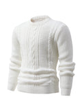 Men's Stylish Solid Color Cable Knit Sweater - High Stretch, Round Neck Pullover for All Seasons