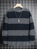 Men's Trendy Striped Knit Pullover: Warm, Cozy Crew Neck Sweater in Comfort-Fit Polyester - Easy Care