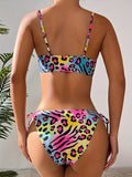 2-Piece Vibrant Leopard & Zebra Print Bikini Set - Flirty Tie-Side Bottoms, Chic Hollow Out Design with Spaghetti Straps - Stretchy, Comfort-Fit Swimwear for Beach & Poolside Fashion