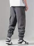 Men's Casual Solid Cargo Pants With Pockets, Elastic Waistband And Cuff Loose Trousers, Streetwear Style Durable Fabric Sports Pants