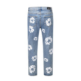 Harajuku Color Block Flower Full Print Kanye Jeans Pants Oversized Streetwear Retro Straight Casual Men and Women Denim Trousers