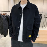 Large Size Jackets Men Basic Soft Letter Pockets Autumn Wind Breaker Turn-down Collar Teenagers S-4XL Cargo Outwear Hombre Chic