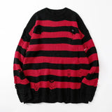 Ilooove Black Stripe Sweaters Destroyed Ripped Sweater Men Pullover Hole Knit Jumpers Men Oversized Sweatshirt Harajuku Long Sleeve Tops