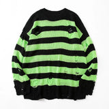 Ilooove Black Stripe Sweaters Destroyed Ripped Sweater Men Pullover Hole Knit Jumpers Men Oversized Sweatshirt Harajuku Long Sleeve Tops