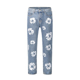 Harajuku Color Block Flower Full Print Kanye Jeans Pants Oversized Streetwear Retro Straight Casual Men and Women Denim Trousers