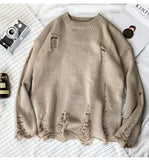 Men Autumn Winter Vintage Ripped Destroyed Holes Knitted Sweater Japan Style Streetwear Women Couple Casual Knitwear Jumper 2XL