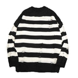 Ilooove Black Stripe Sweaters Destroyed Ripped Sweater Men Pullover Hole Knit Jumpers Men Oversized Sweatshirt Harajuku Long Sleeve Tops