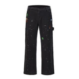 2023 Streetwear Graffiti Cargo Flared Jeans Khaki Black Splash Ink Wide Leg Denim Pant Hip Hop Cargo Trousers Jean Men