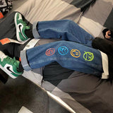 Colorful Smiley Printed Black Jeans for Mens Straight Leg Denim Pants Teen Hip Hop Clothing Oversized Baggy Trousers Streetwear