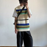 Japanese Retro Contrast Color Hollow Knitted Vest Men Summer Thin Section Loose Casual Harajuku Pullover Men Ins Striped Vest